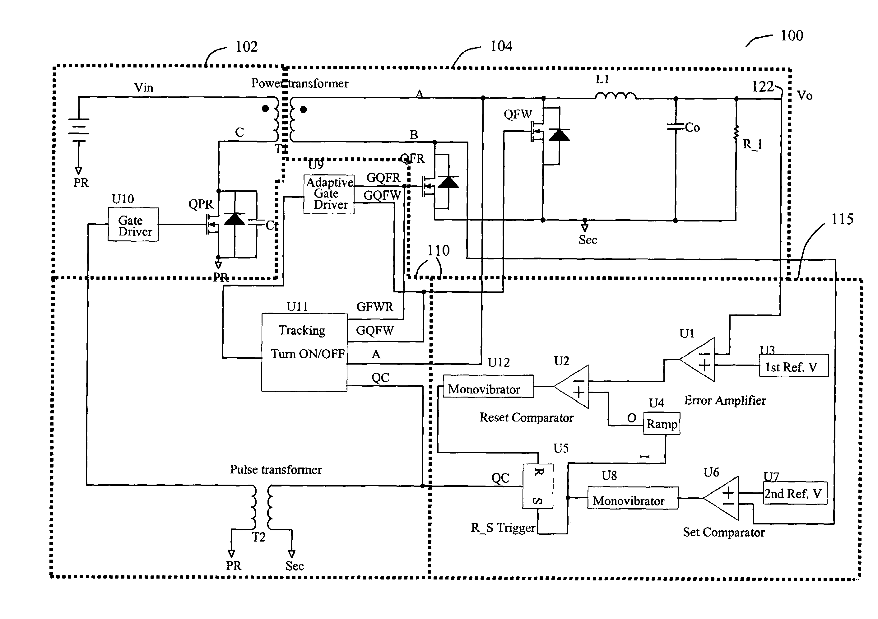 Control circuit with tracking turn on/off delay for a single-ended forward converter with synchronous rectification