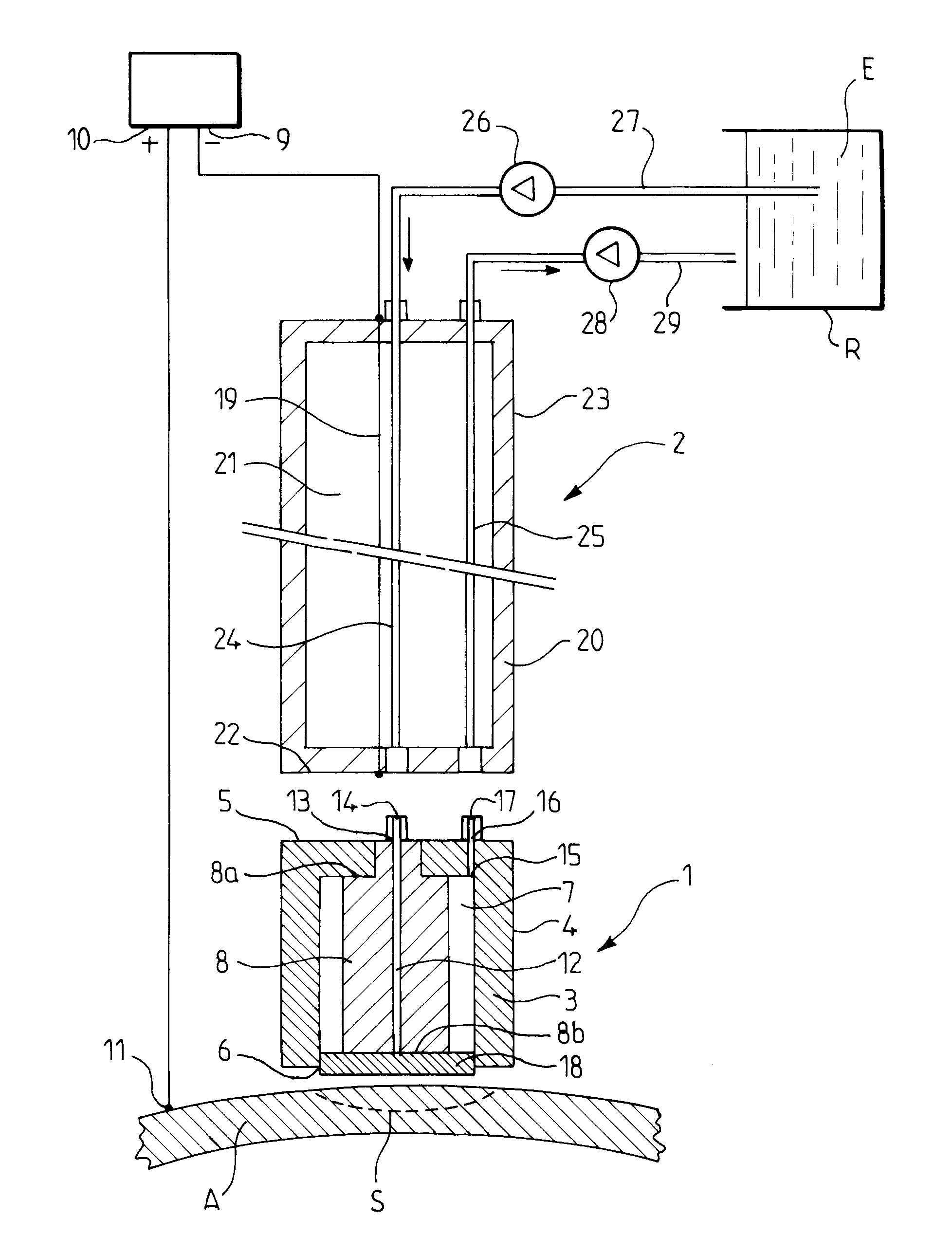 Device for electrochemical treatment, locally in particular, of a conductor substrate