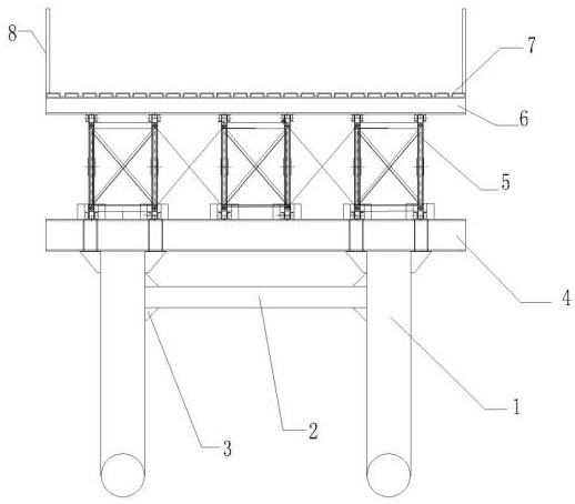 Span-free middle stand column steel trestle structure, pushing installation device and construction method