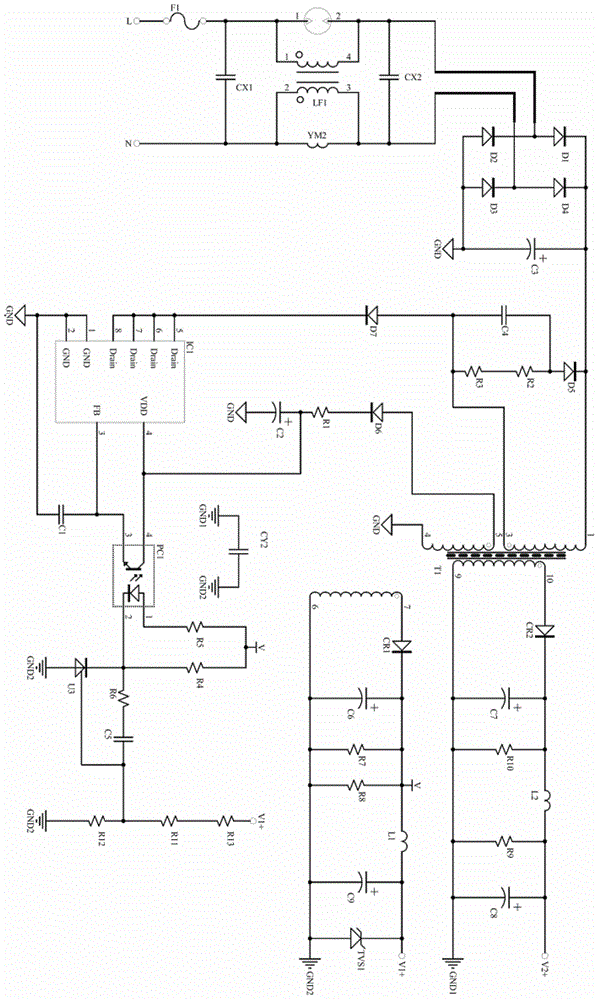 Switching power circuit for power supply of three-phase electric energy meter