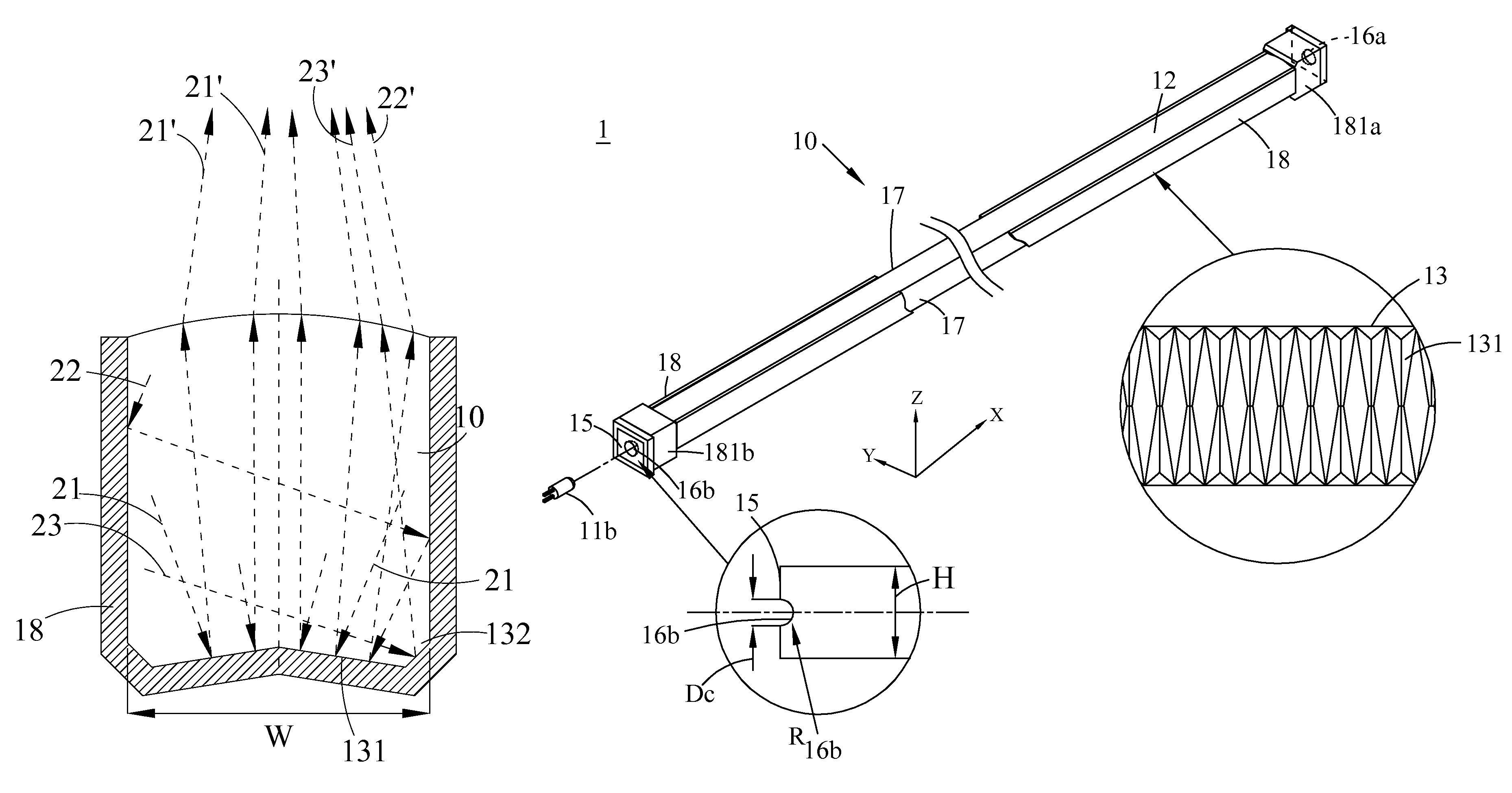 Linear light source having light guide with tapered saw tooth structures