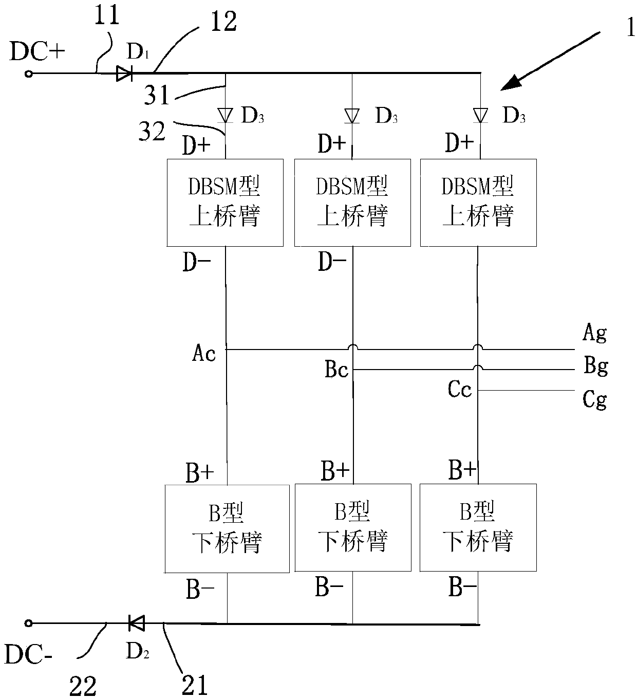 Single-arm blocking modular multilevel converter for unidirectional power flow