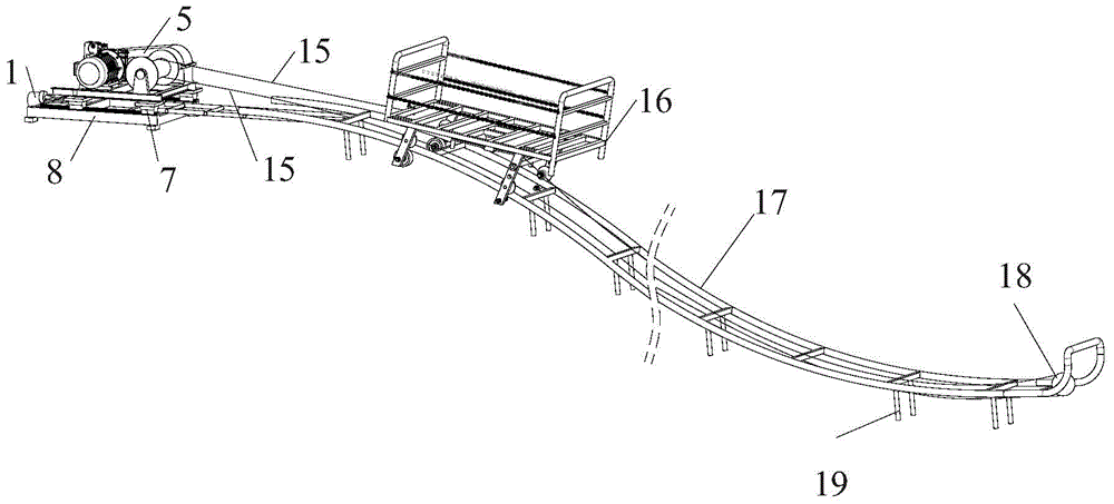 A device and method for adjusting the tension force of a wire rope of a two-way traction rail conveyor