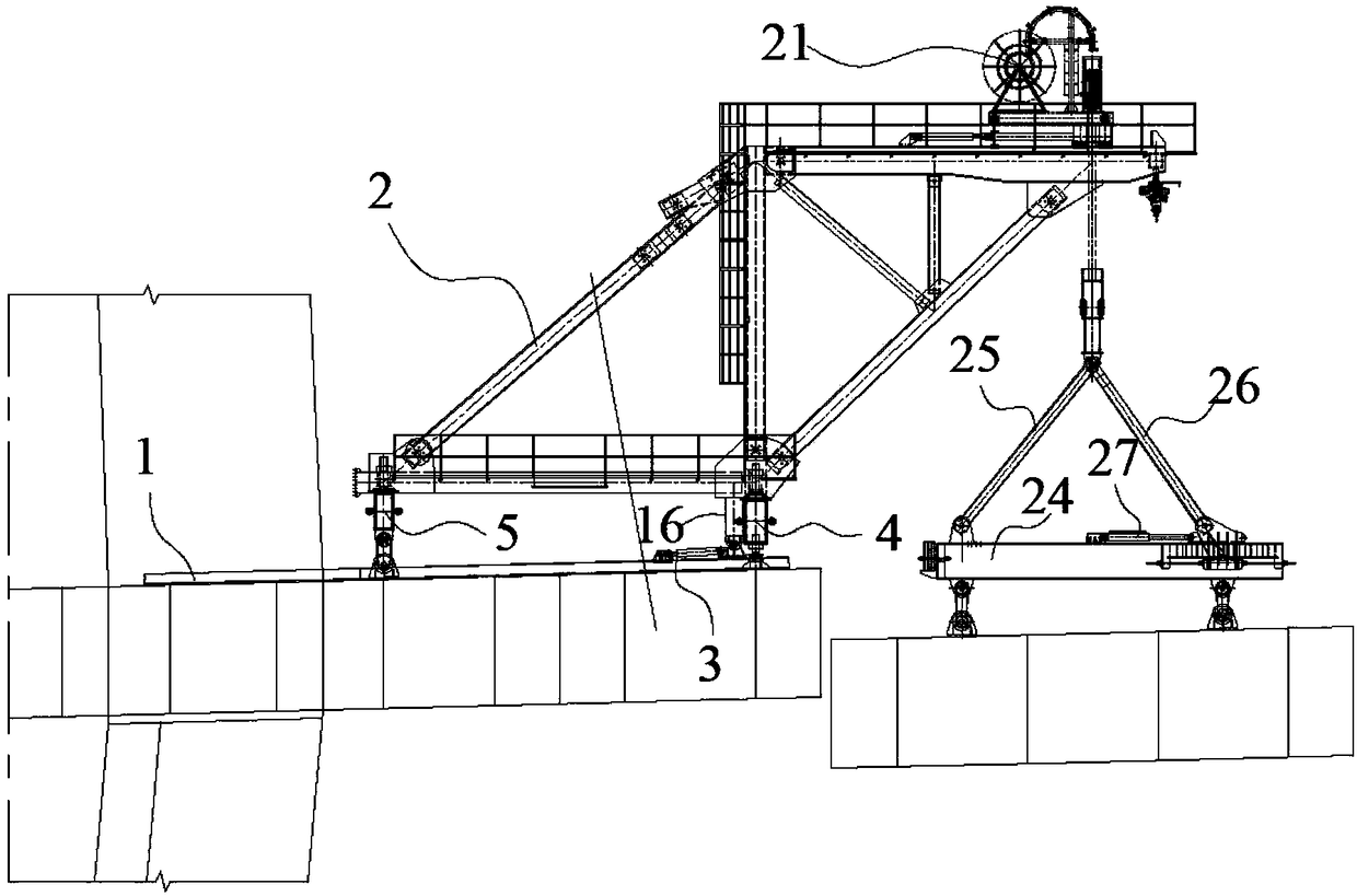 Central cable surface steel box girder integral type bridge deck crane
