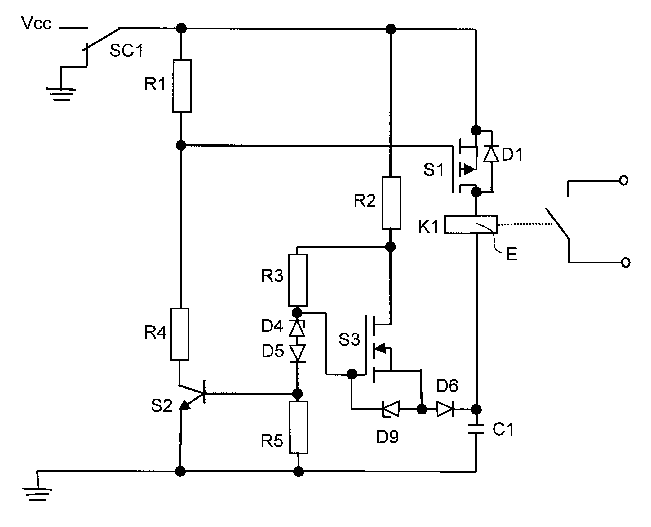 Circuit arrangement with a relay incorporating one field coil as well as switch contacts