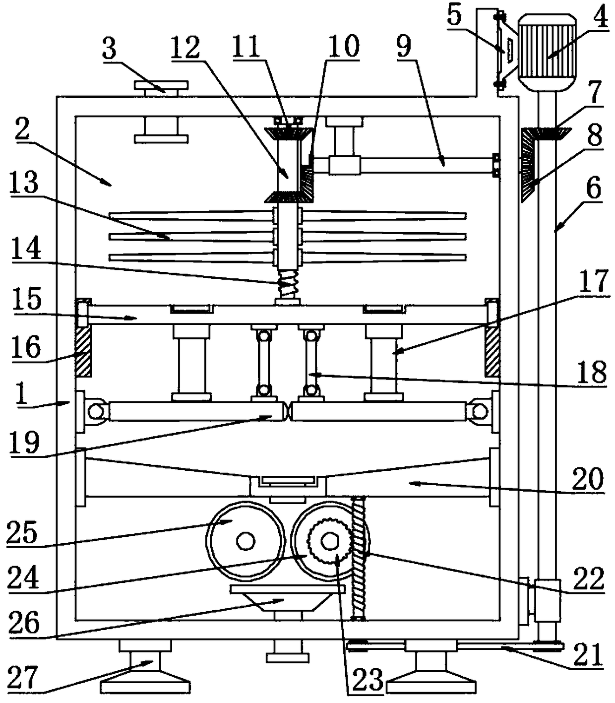 Symmetrical roller type fodder crushing machining device
