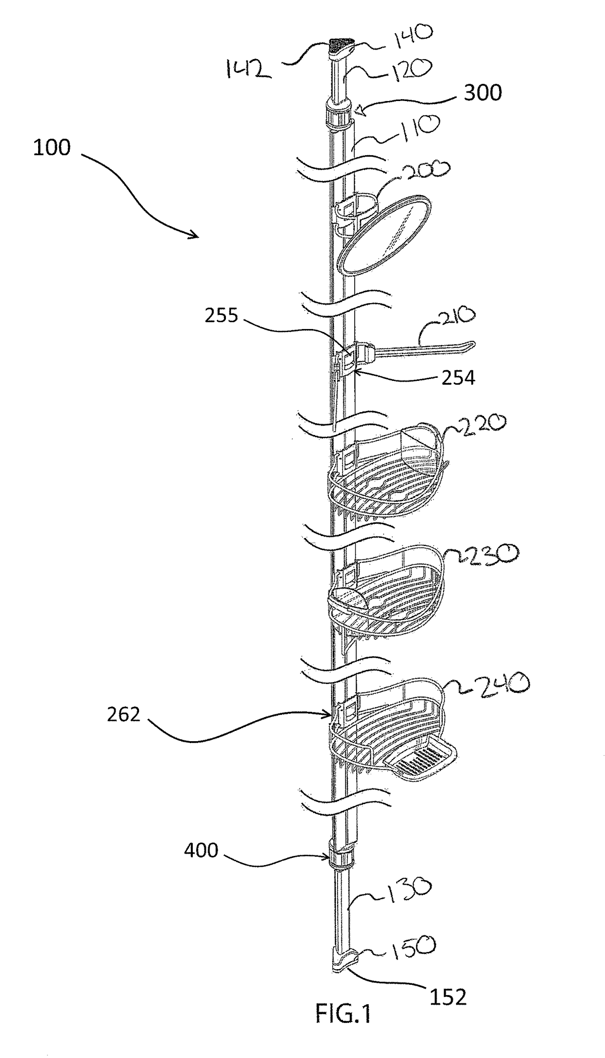Vertically adjustable shower caddy and method for tensioning same