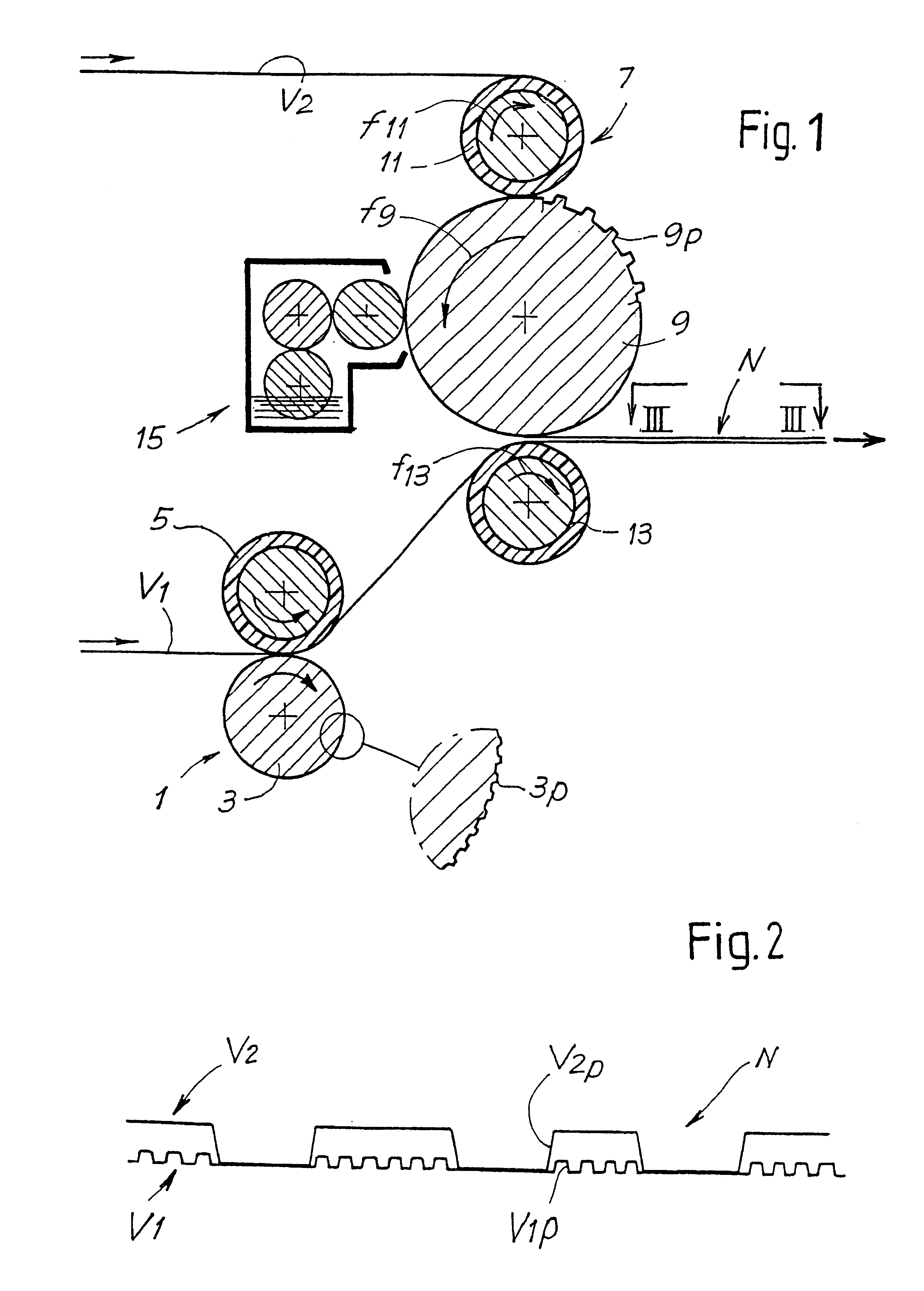 Device for the production of multi-ply web material with different size and density patterns on different plies