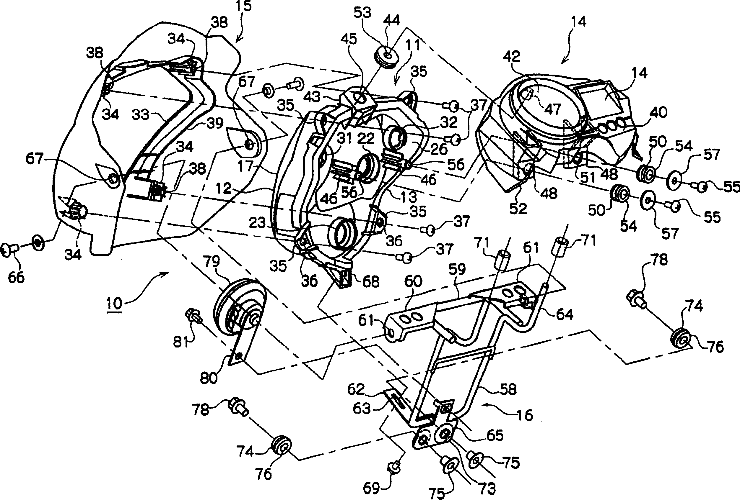 Mounting stucture of headlamp and sonsole of motor-bicycle