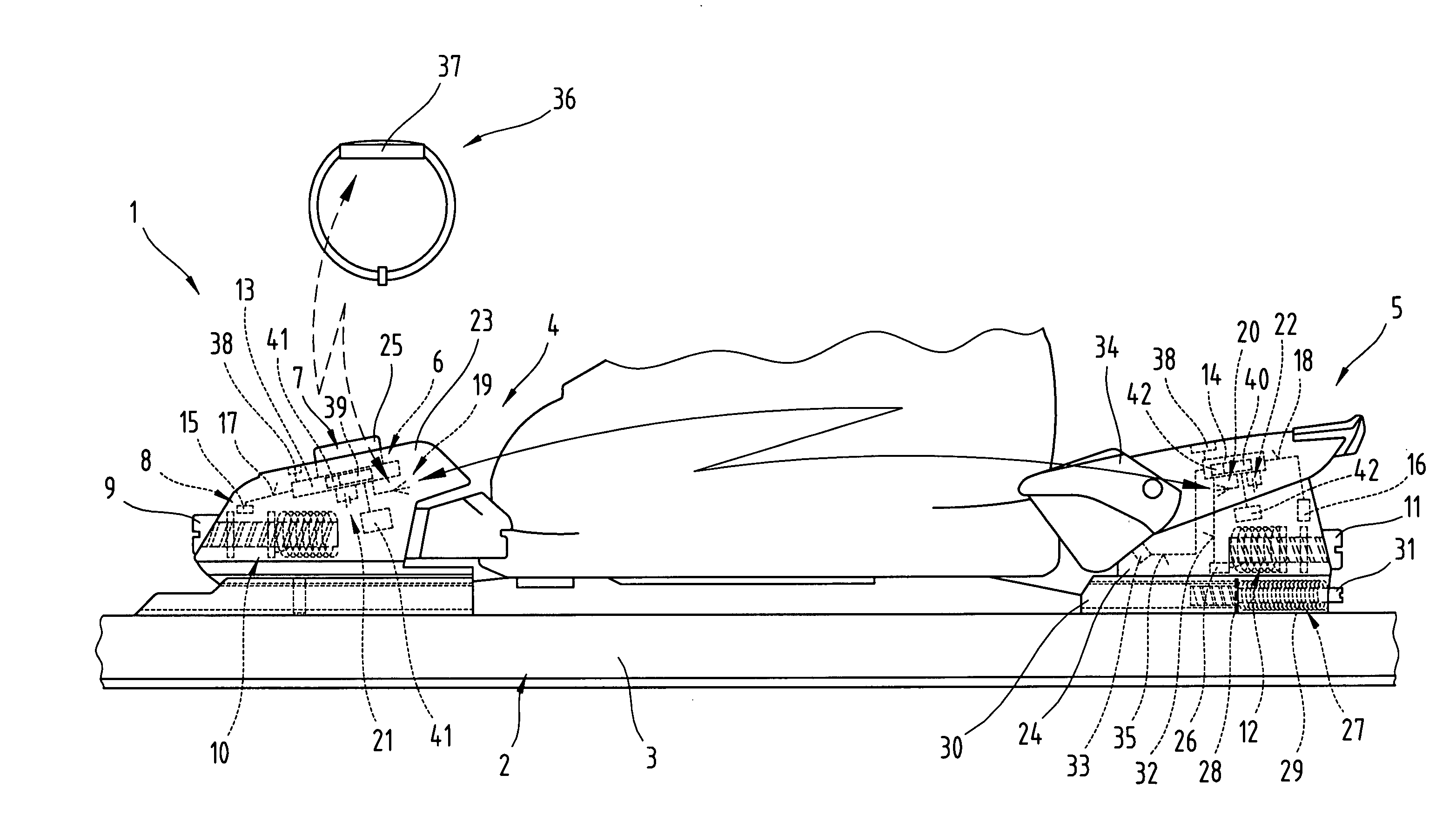 Safety ski binding incorporating a toe and a heel binding and an electronic circuit arrangement