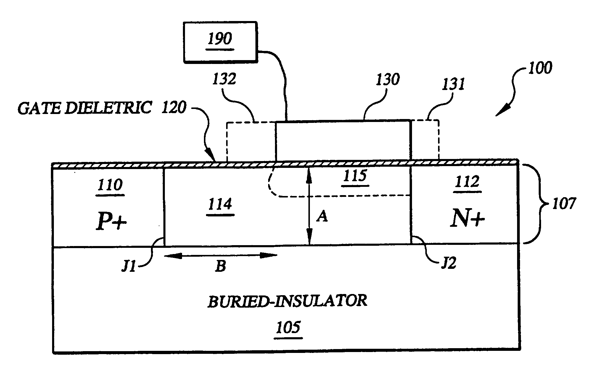 Insulated-gate semiconductor device and approach involving junction-induced intermediate region
