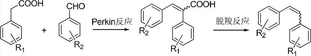 Method for preparing diphenyl ethylene compound through decarboxylic reaction