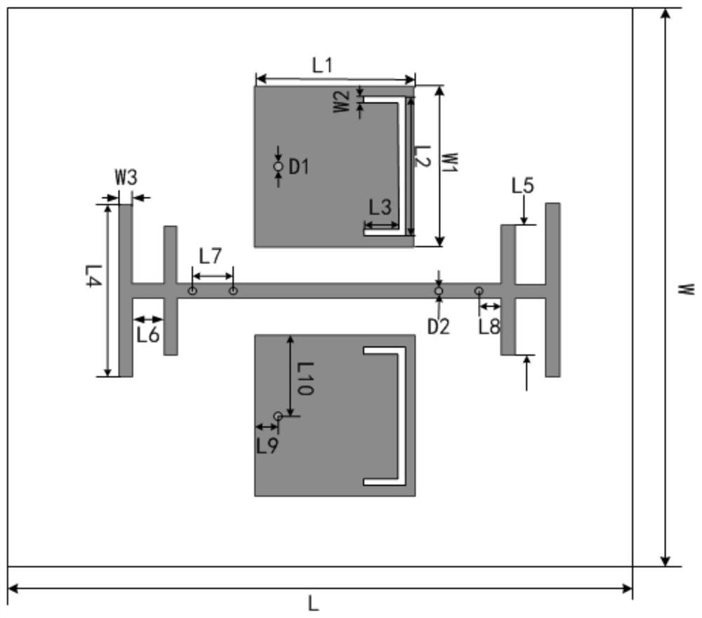 Decoupling structure between adjacent rectangular patches in dual-band antenna array