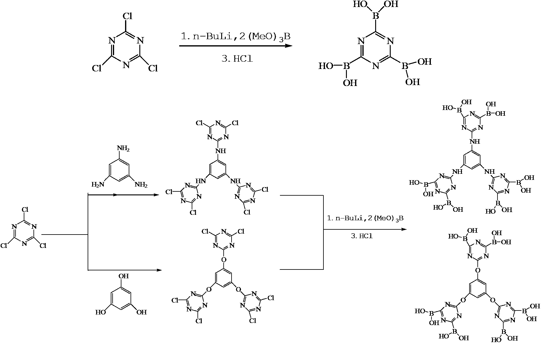 Triazine boric acid derivatives and preparation methods thereof