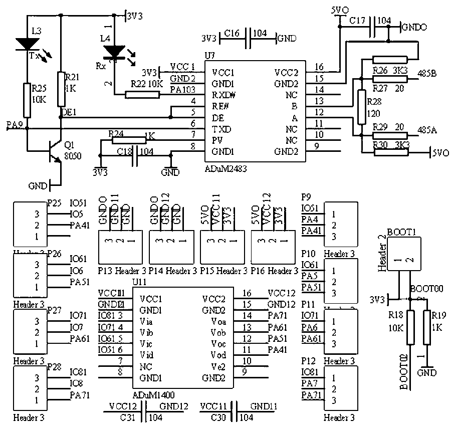 Magnetic isolation data input-output module based on ARM self-adaptive direction control