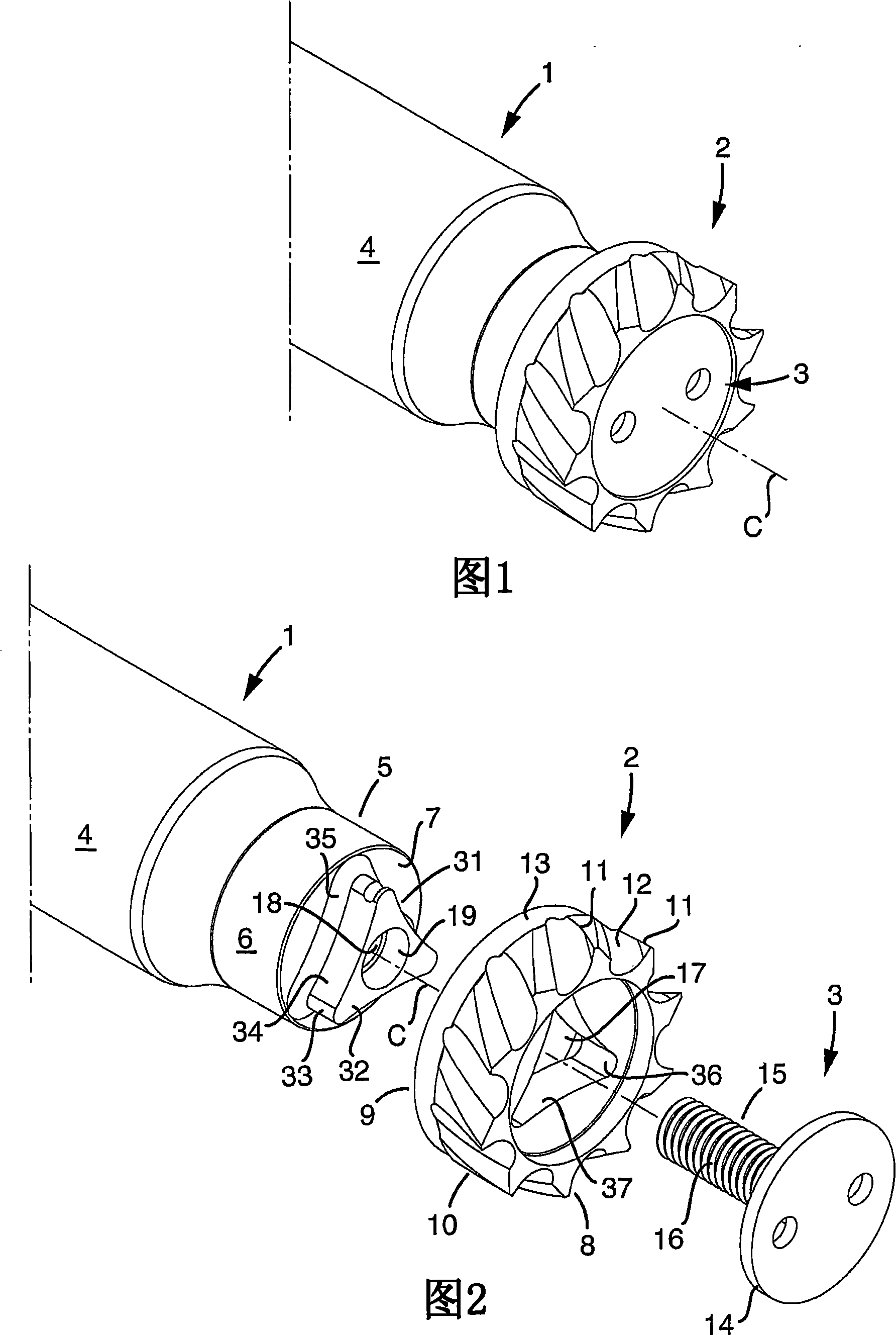 A milling cutter head and a milling cutter tool with holow spaces for receiving a male element