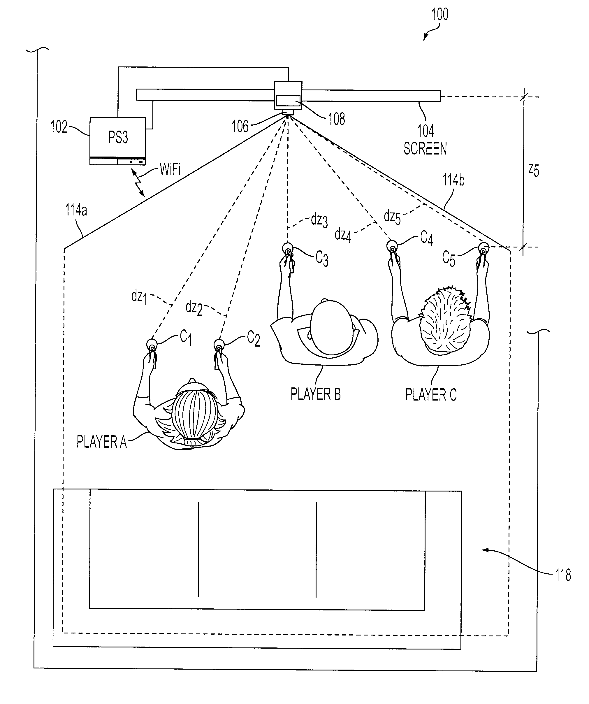 Determination of controller three-dimensional location using image analysis and ultrasonic communication
