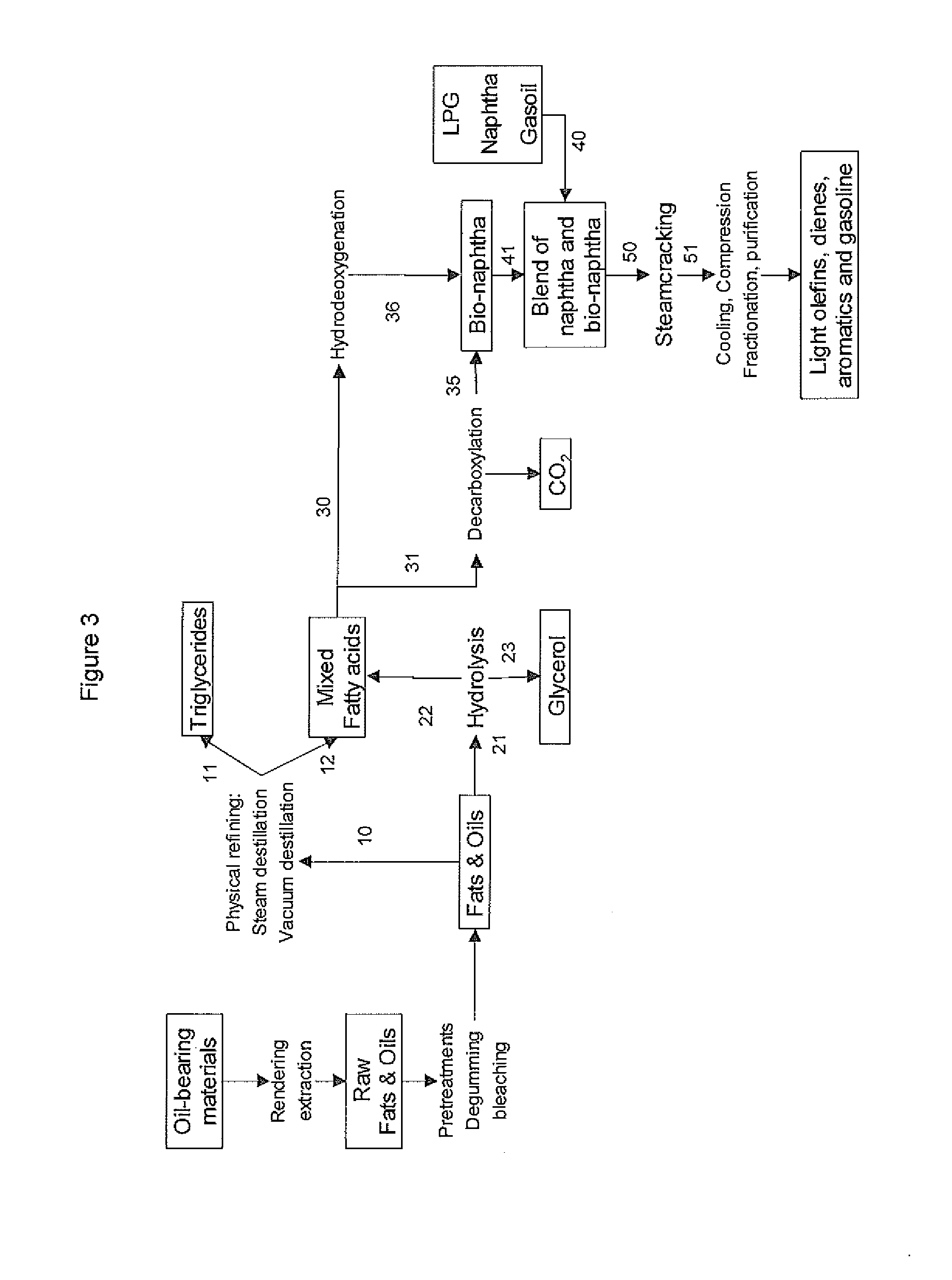 Process for the production of bio-naphtha from complex mixtures of natural occurring fats and oils