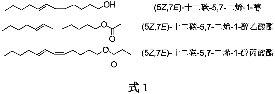 Synthesis of (5Z,7E)-dodecane-5,7-diene-1-alcohol as well as acetate and propionate thereof