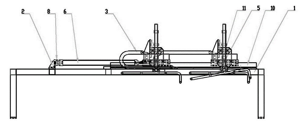 Bag pressing location device for overhead stacker