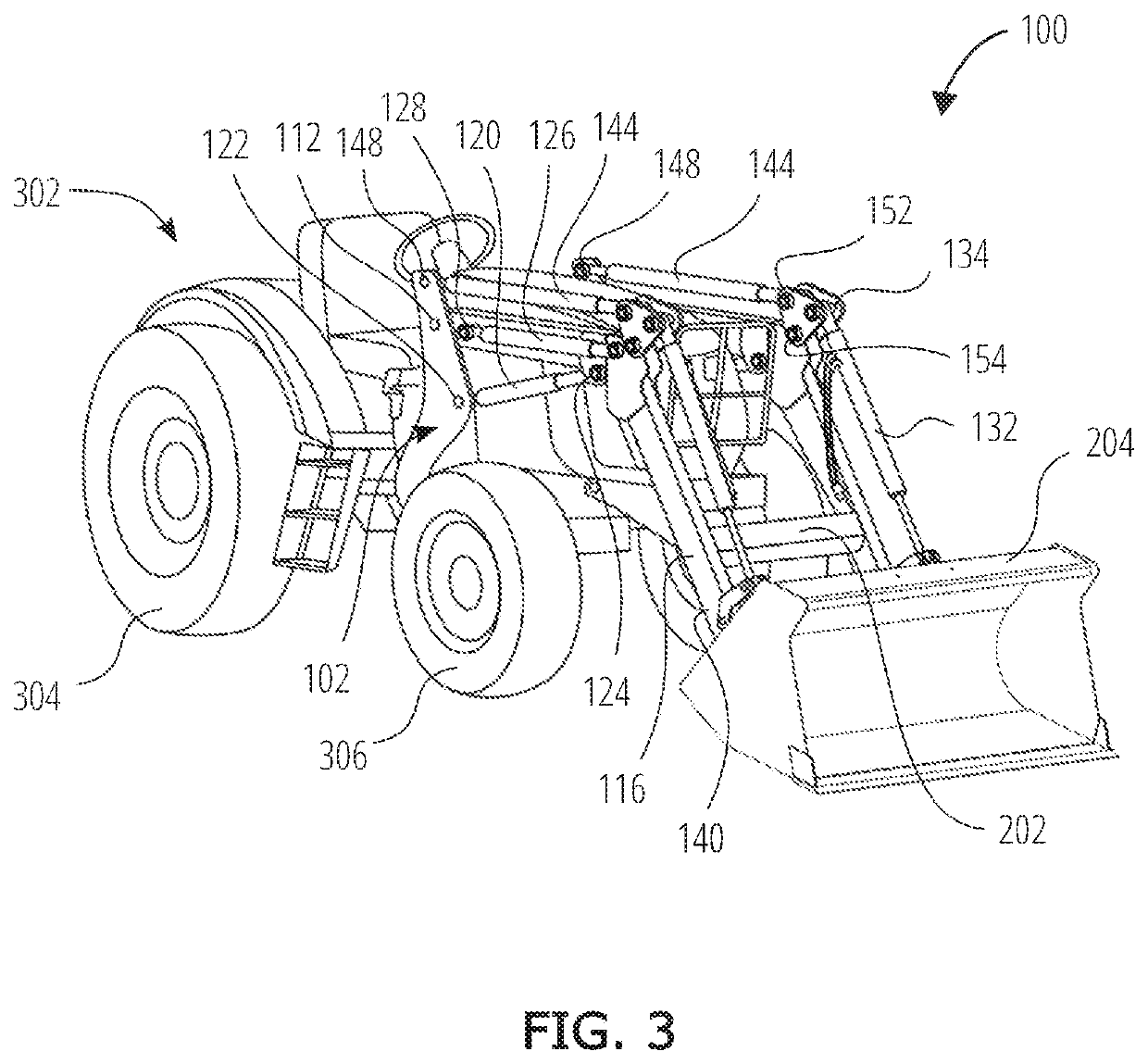 Self-leveling front-end loader having a double boom with a dogleg bend of 105 to 135 degrees including an extension powered by hydraulic cylinders