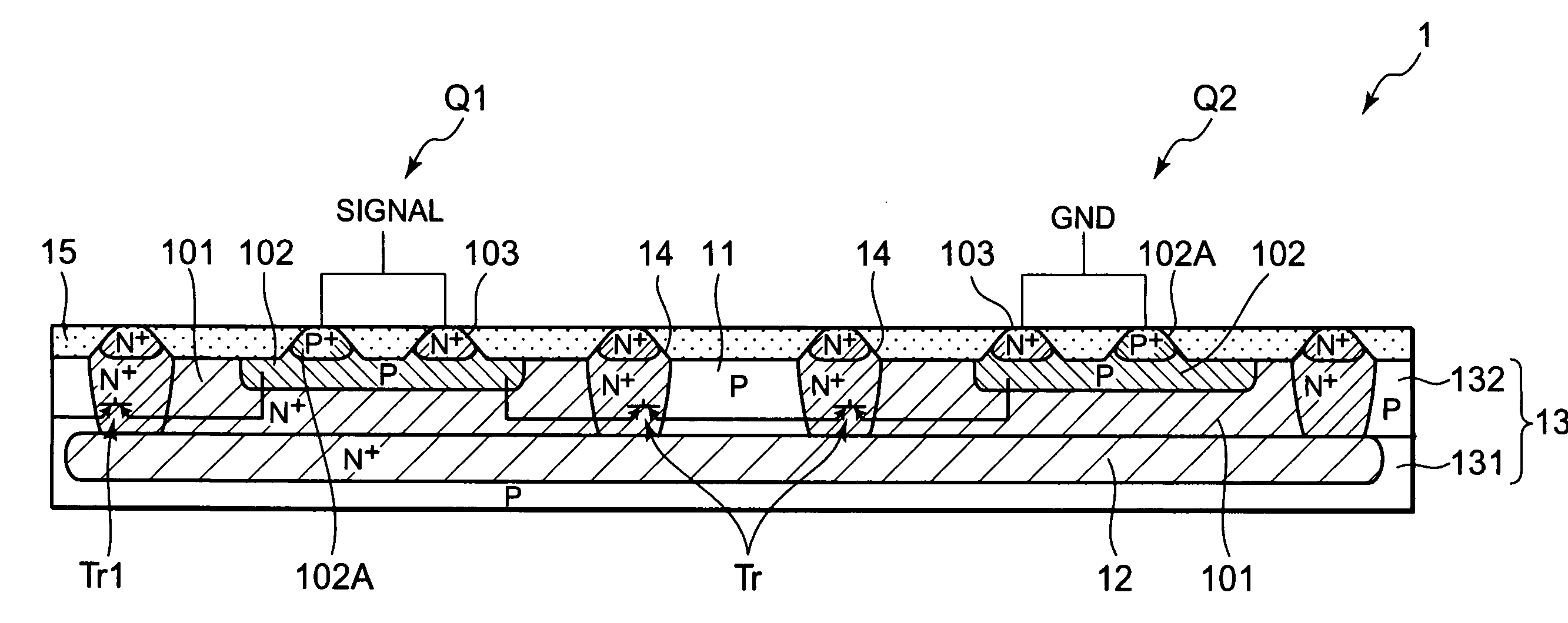 Semiconductor device having two bipolar transistors constituting electrostatic protective element