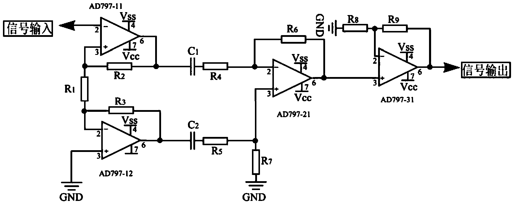 Wideband and low-noise differential application circuit for measuring weak signal