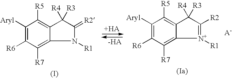 5-aryl-1,3,3-trimethyl-2-methylene-indoline derivatives and salts thereof, methods for the production and use of said compounds for the temporary coloration of fibers