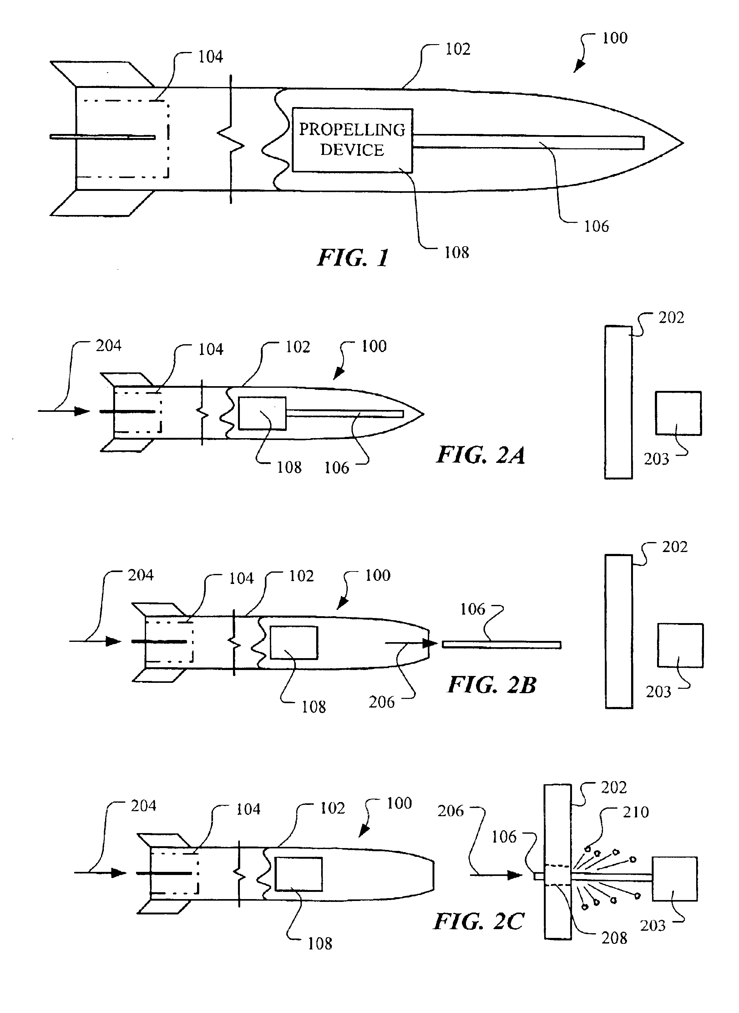 Projectile capable of propelling a penetrator therefrom and method of using same