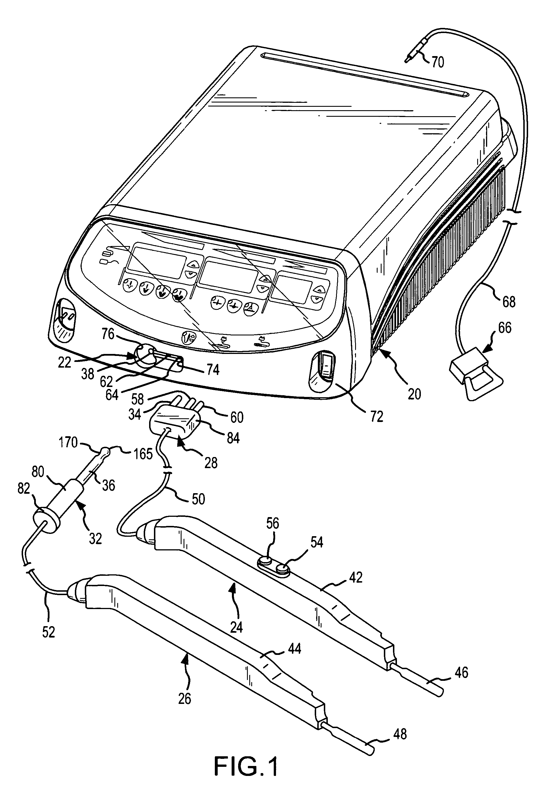 Integrated three-port receptacle and method for connecting hand and foot switched electrosurgical accessories
