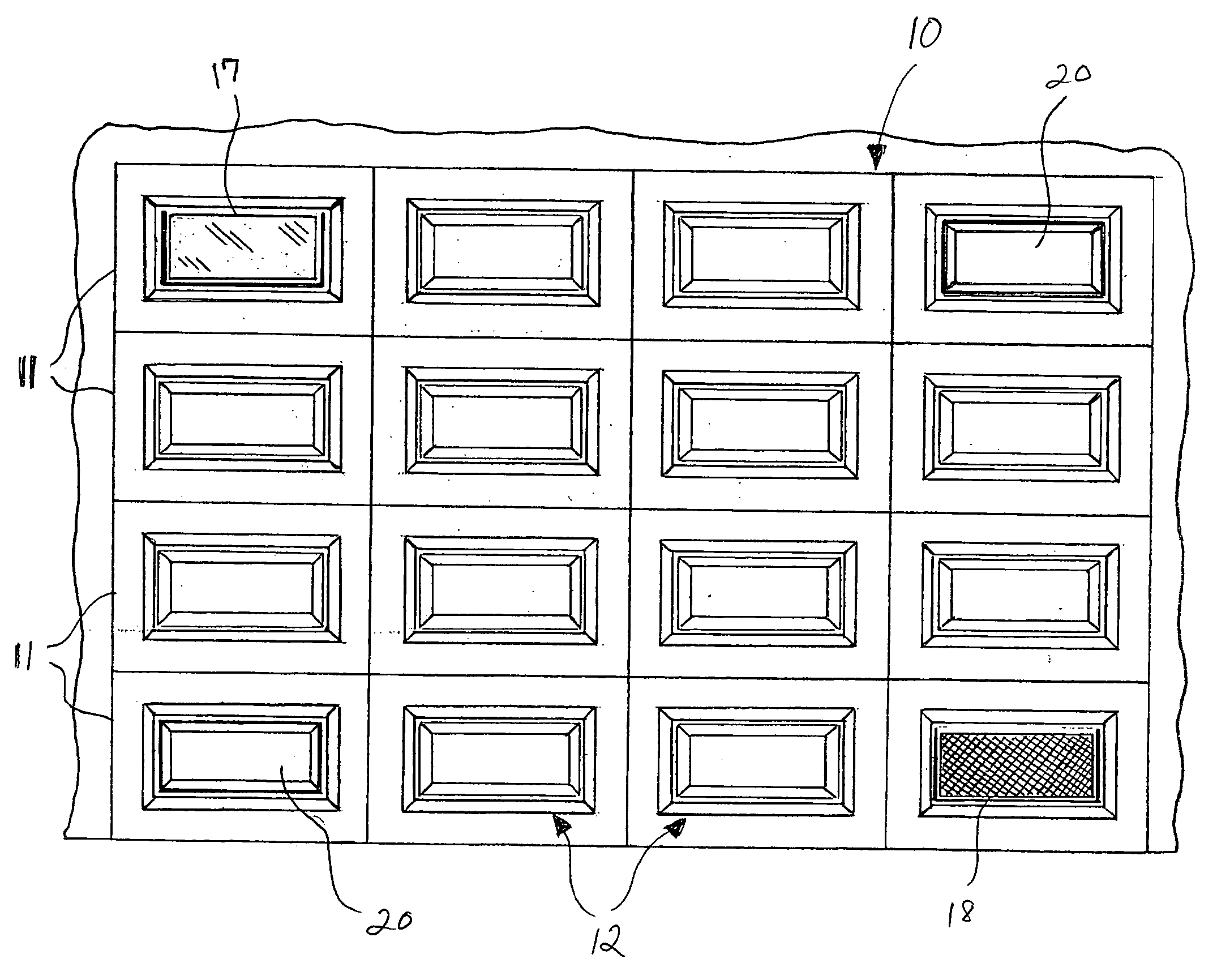 Garage door having removable vent or glass covers