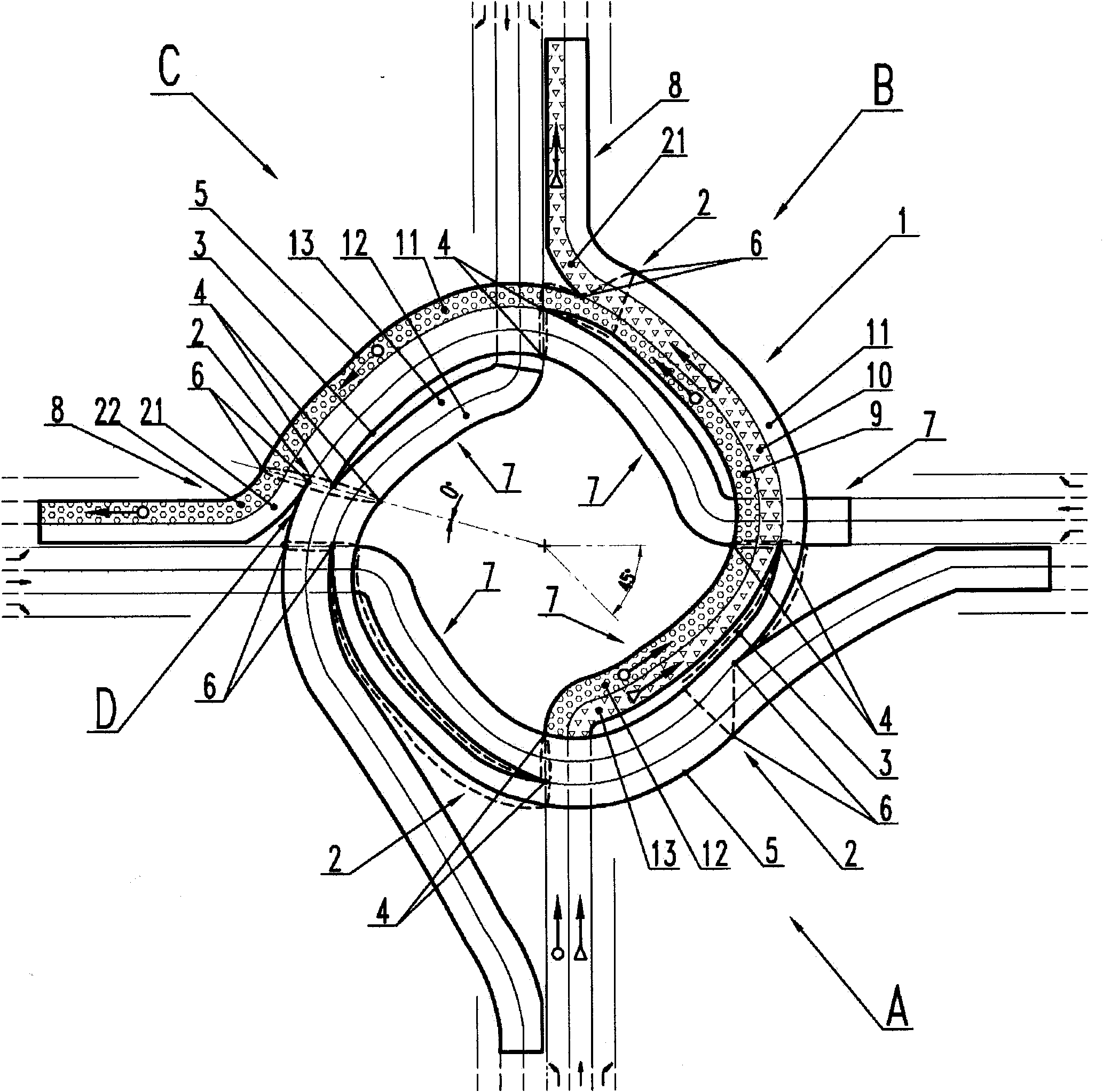Annular flyover for straight movement and large-radius turning at crossroad