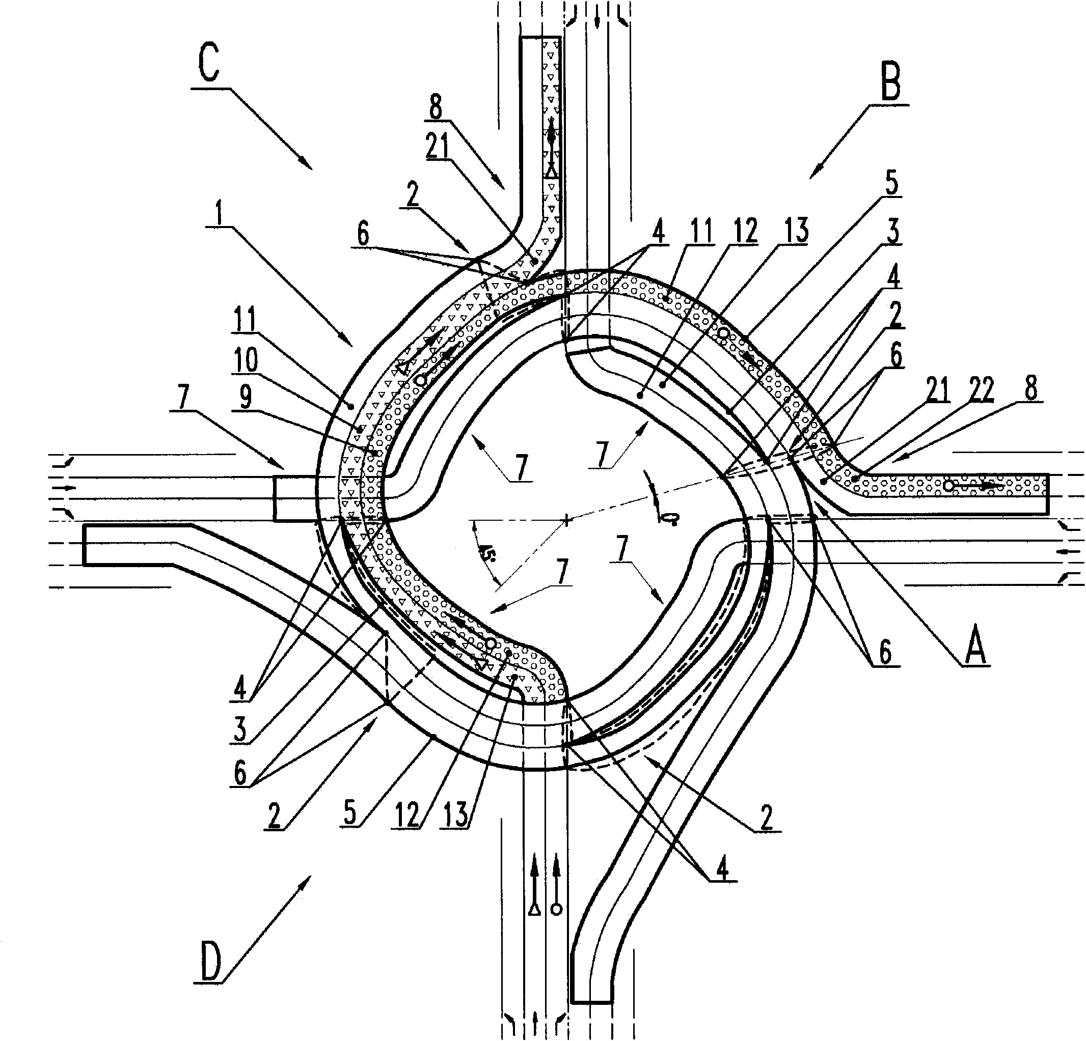 Annular flyover for straight movement and large-radius turning at crossroad