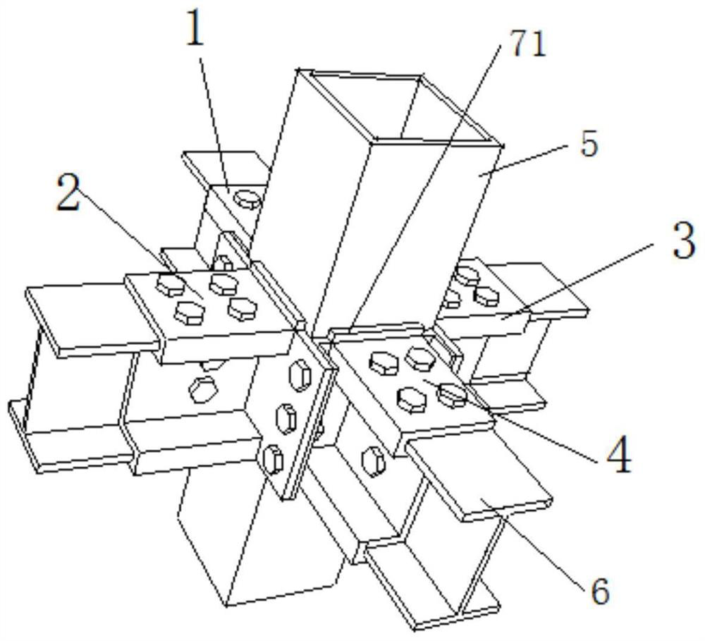 An assembled joint between a square steel pipe column and an h-shaped cross-section beam