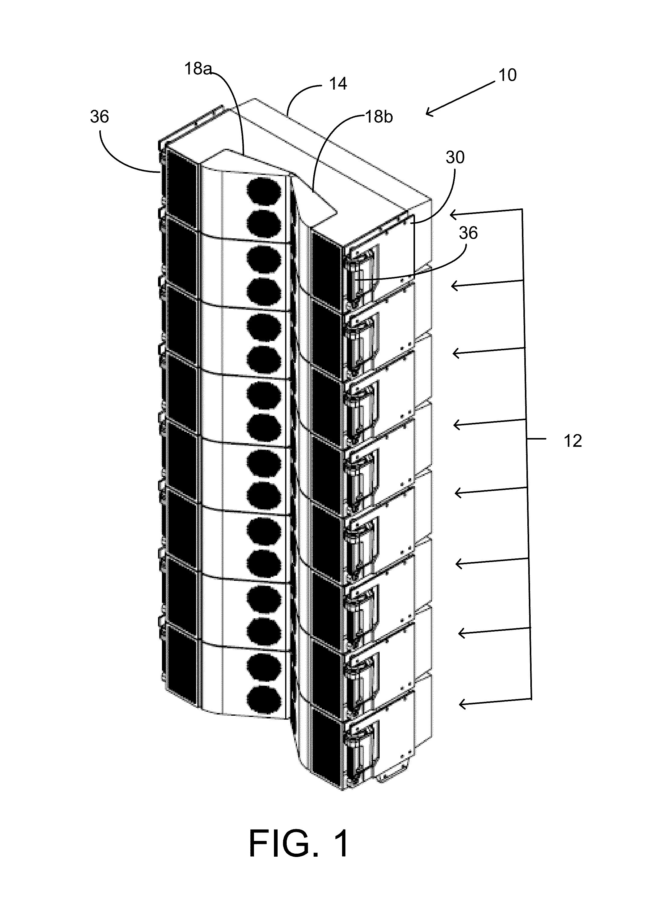Vertical line array loudspeaker mounting and adjustment system