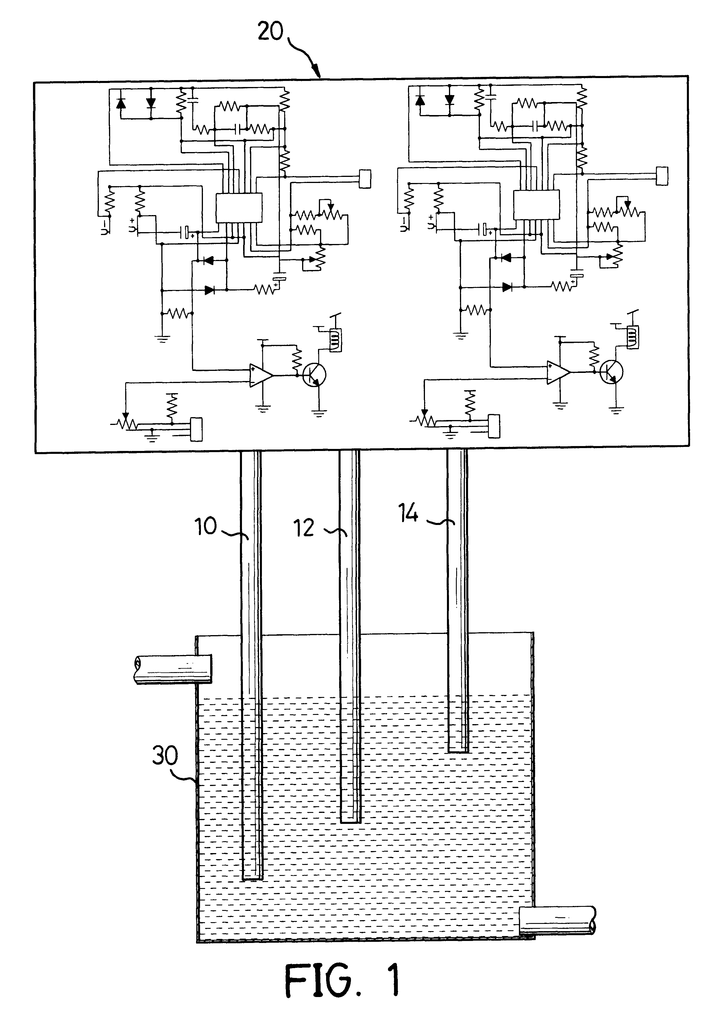 Water level controller with conductance terminals