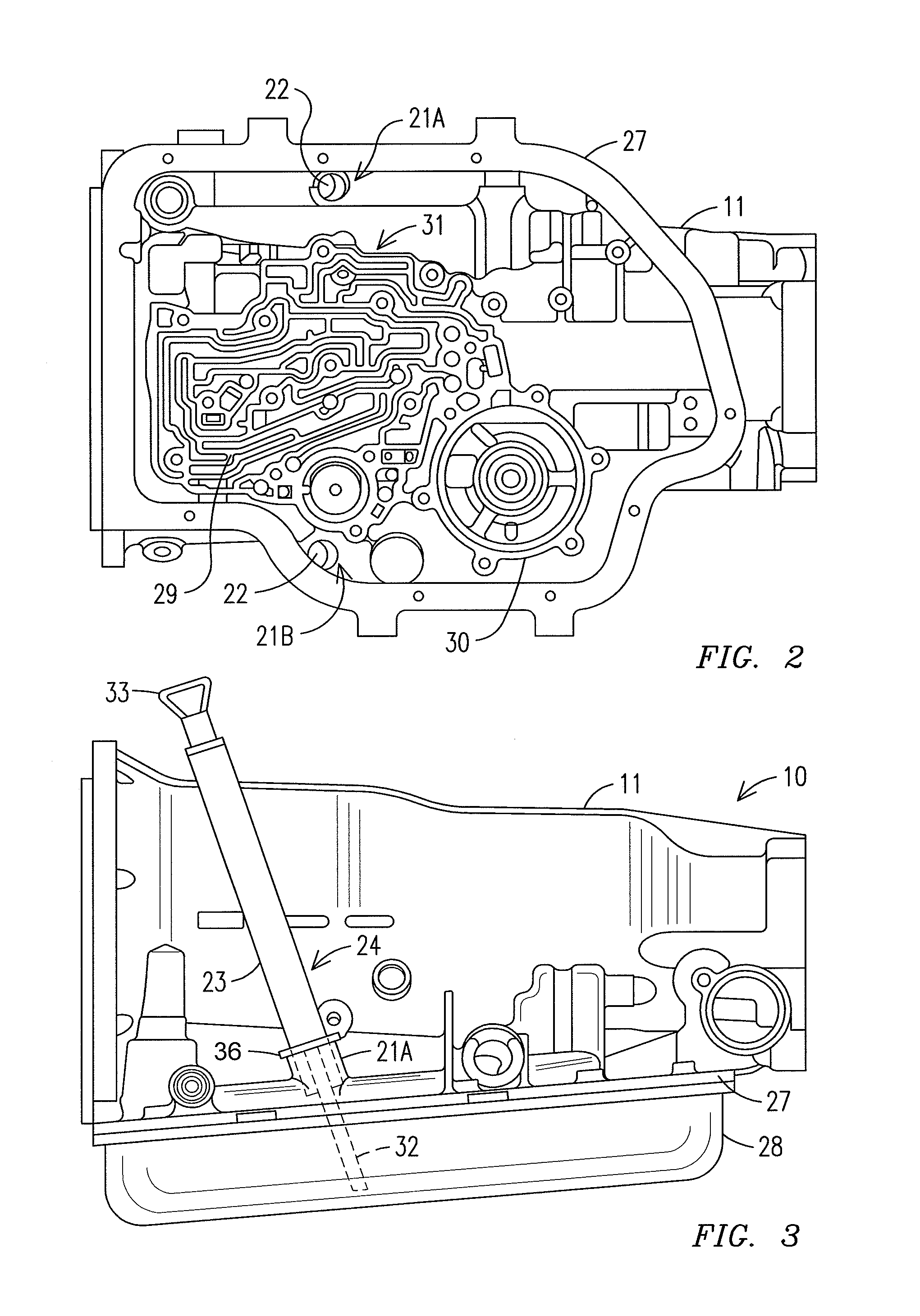 Transmission and transmission housing with multiple dipsticks and dipstick apertures, circumferentially positioned internal lugs and an adjacent fluid inlet port