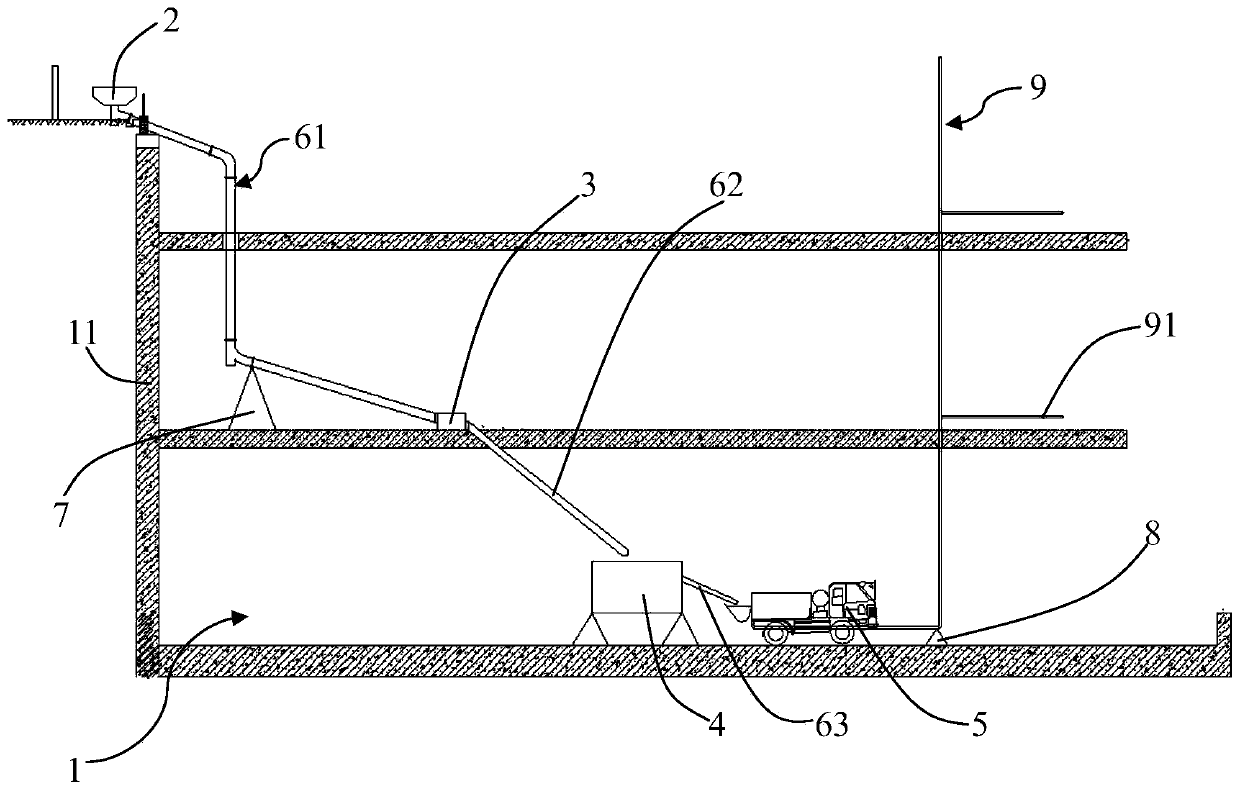 Reverse pumping concrete device and construction method for basement