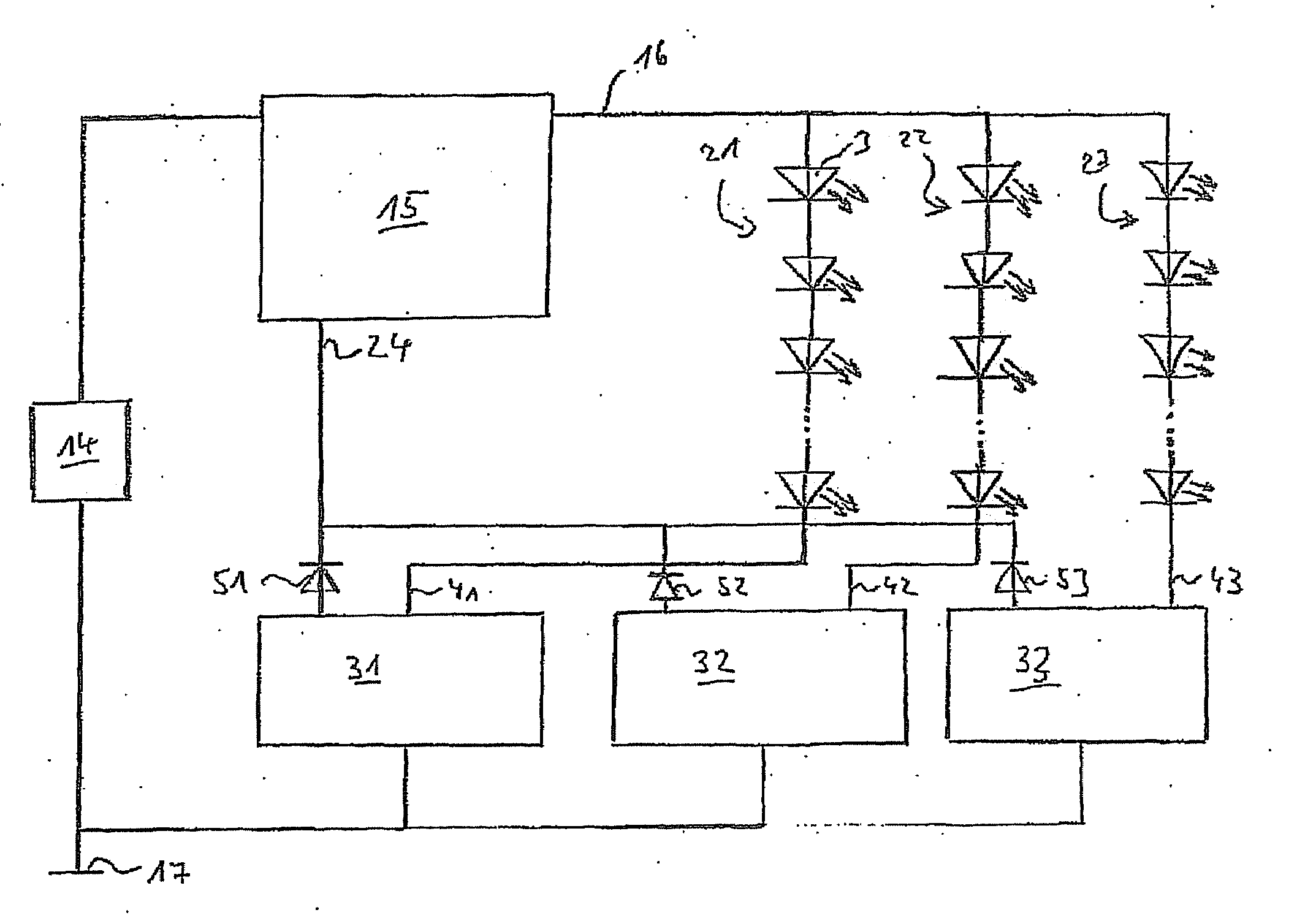 Drive device and method for operating at least one series circuit of light-emitting diodes