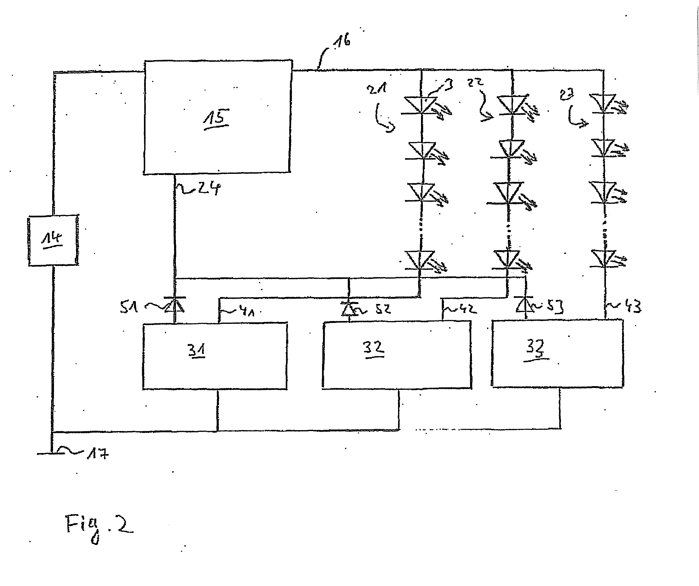 Drive device and method for operating at least one series circuit of light-emitting diodes