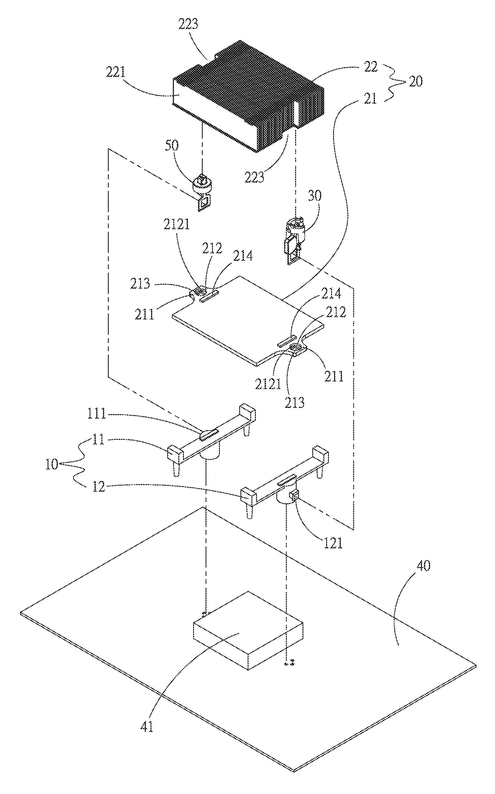 Heat sink fastening device and thermal module assembly using same