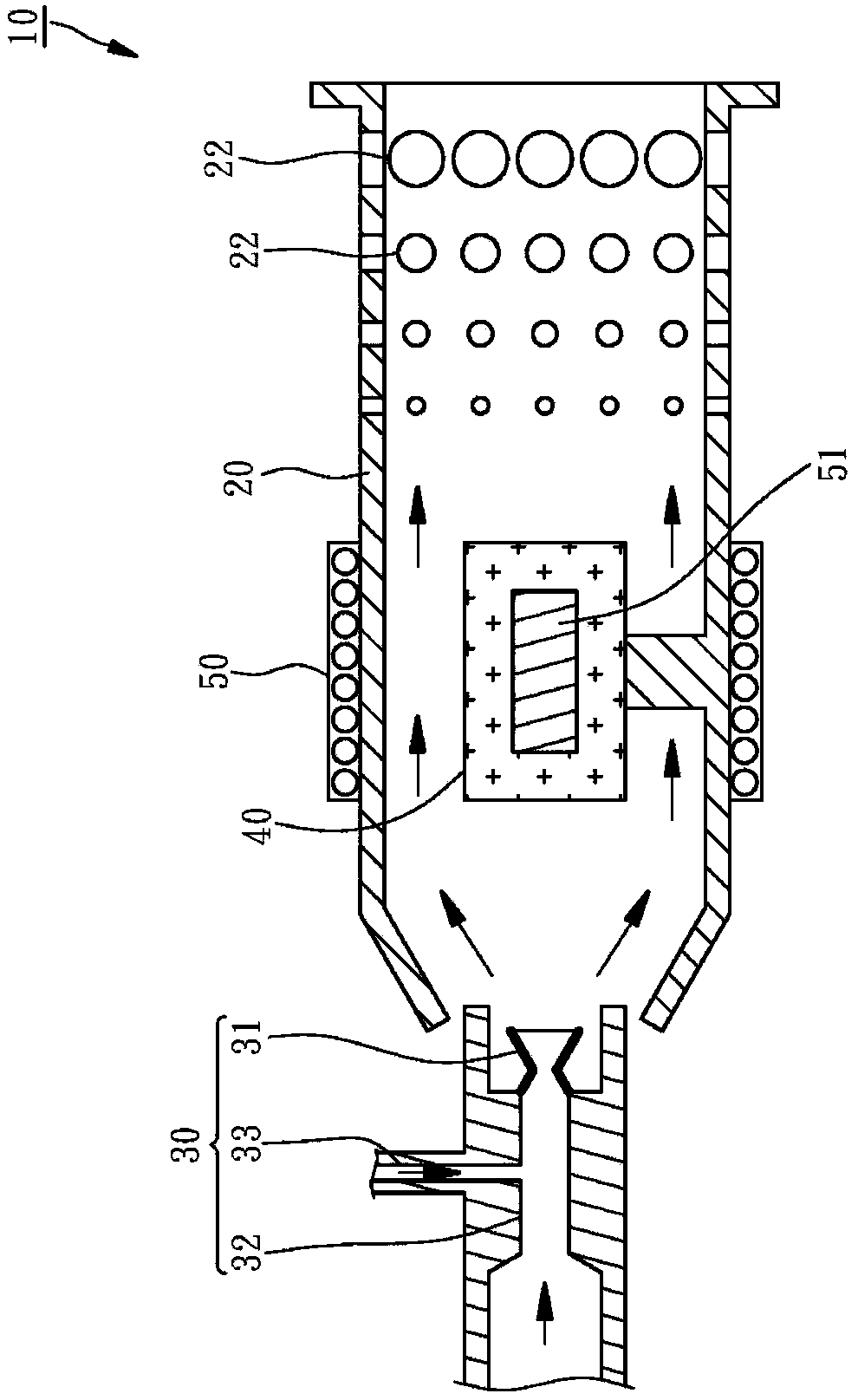 Combustion device with controllable output heat source temperature