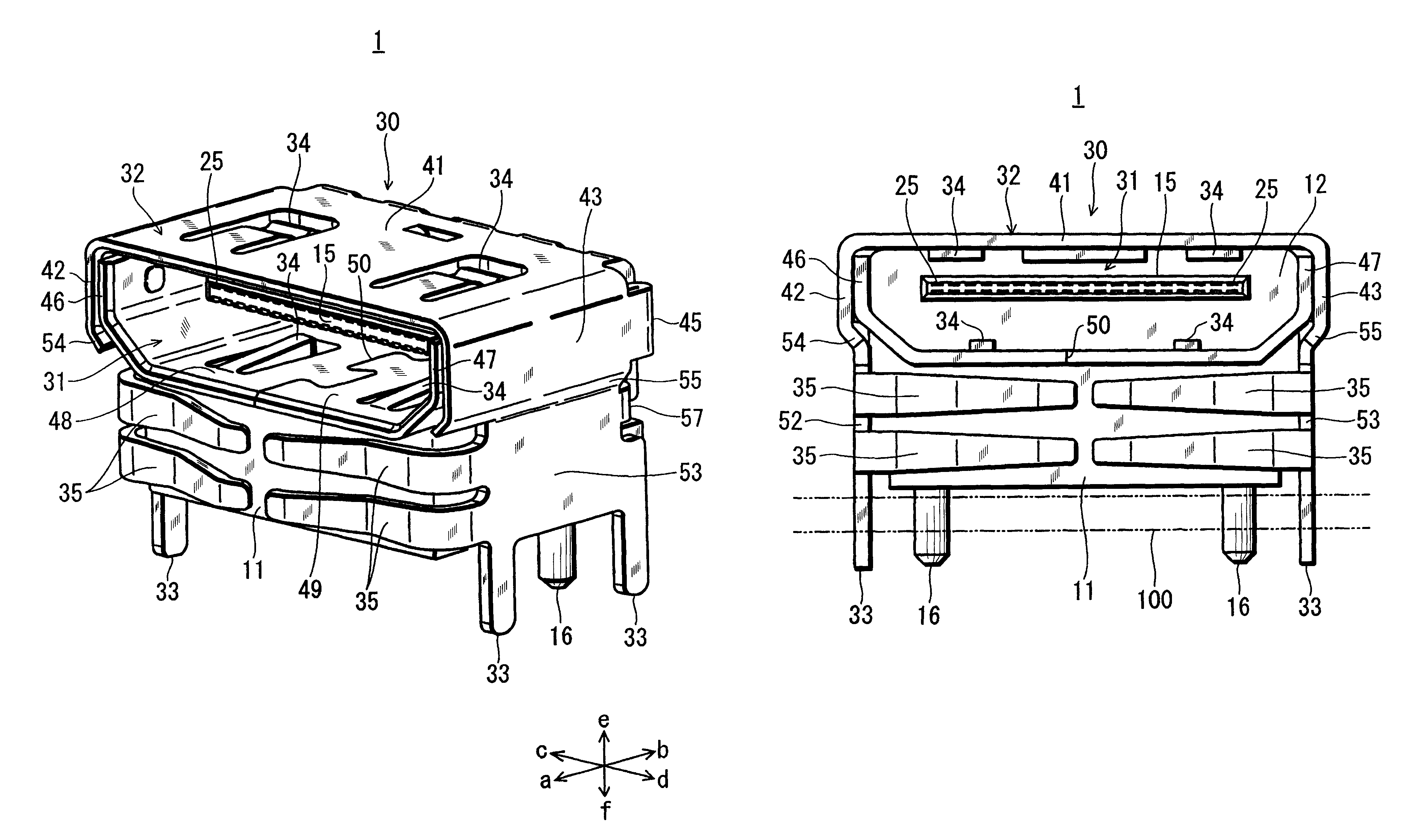 Connector with a tubular shield with double left and right sides formed from a single metal plate