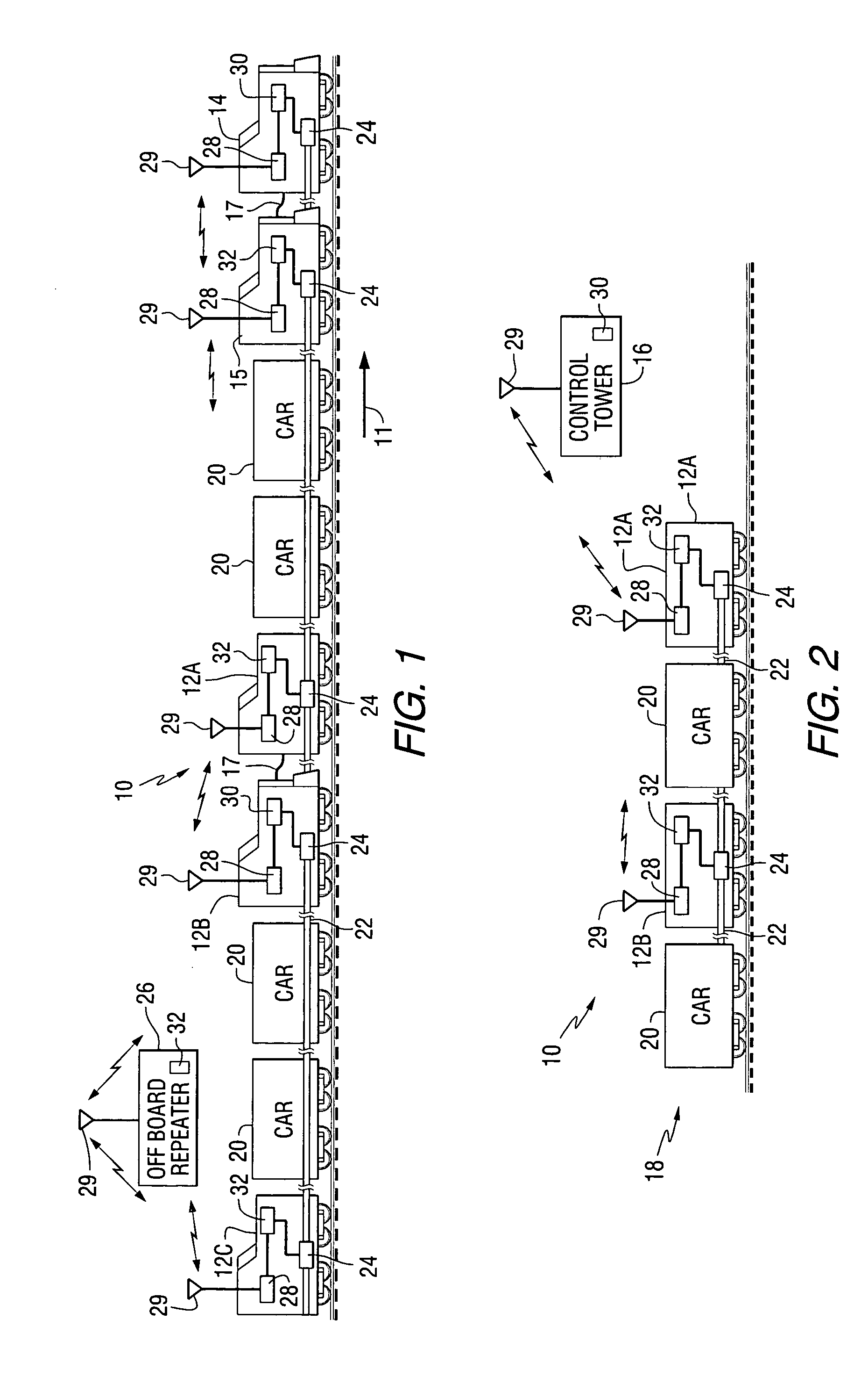 On-board message repeater for railroad train communications system