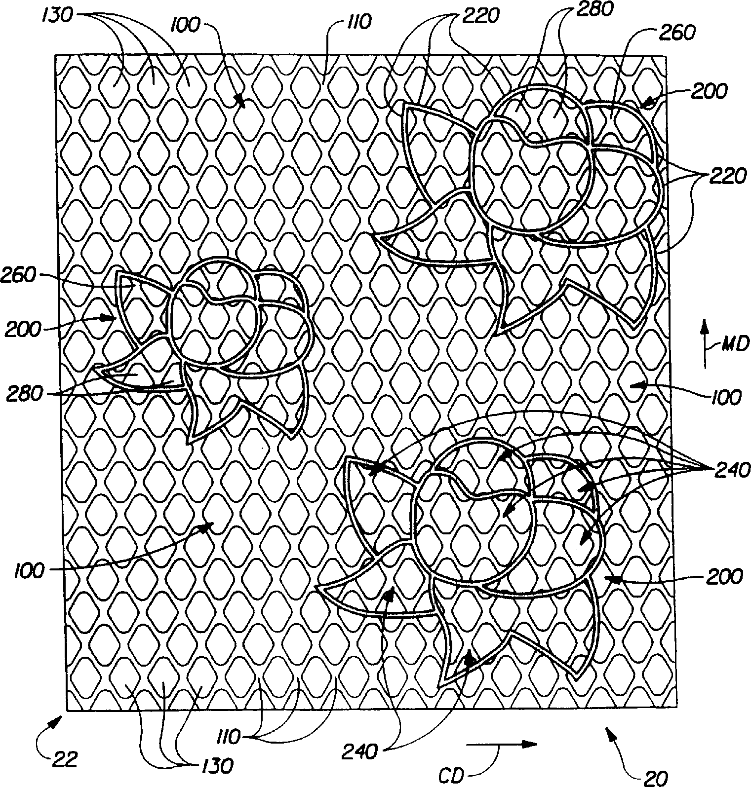 Paper structure having at least three regions including decorative indicia comprising low basis weight region