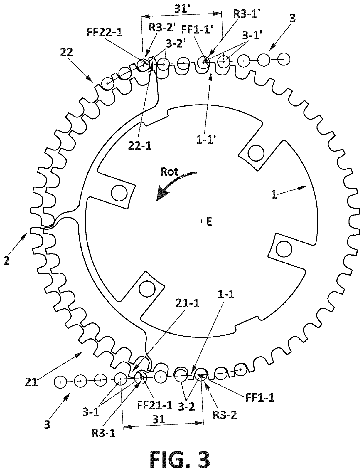 Chain-rings set for a power transmission system provided with segmented chain-rings in different planes