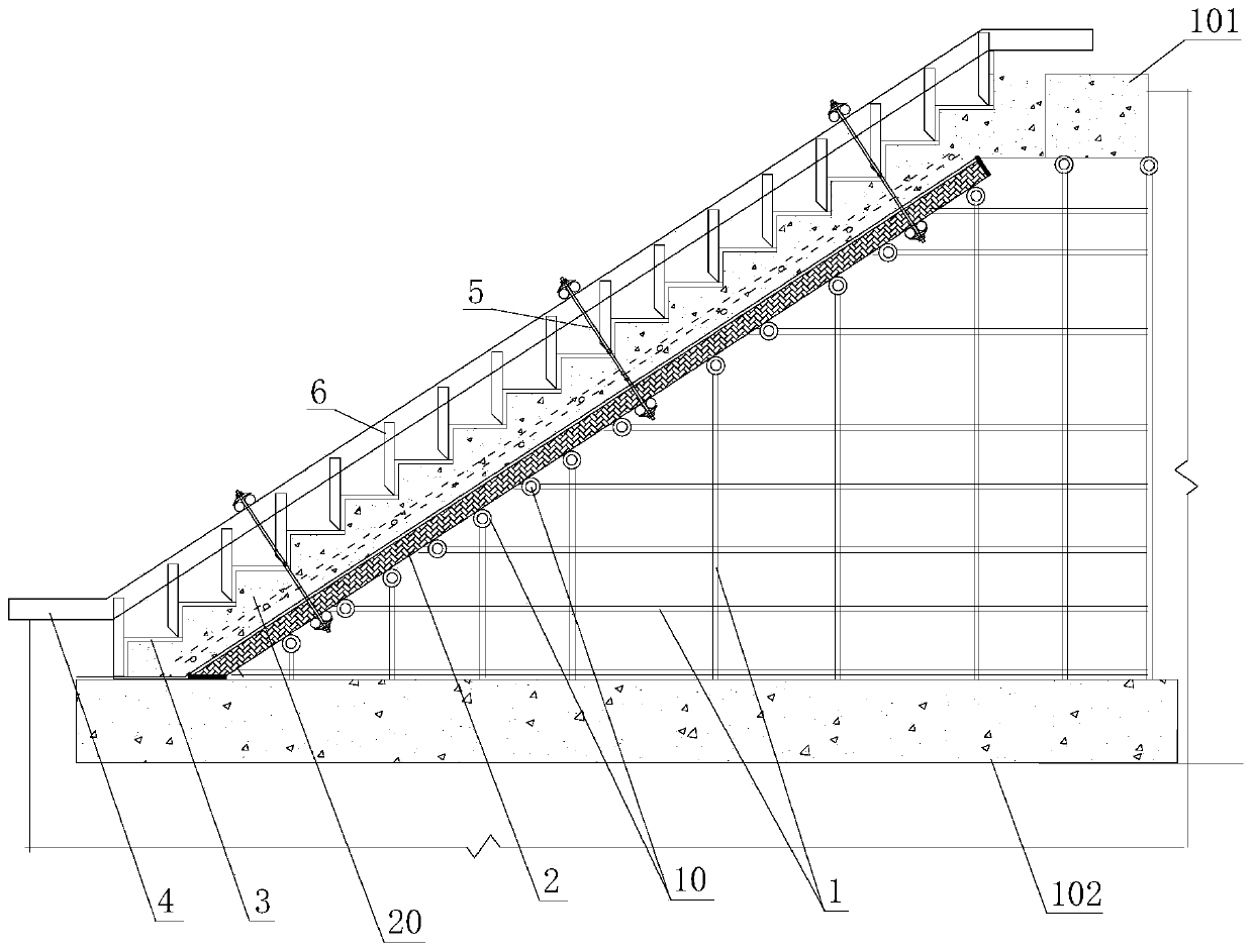 Stair step directional steel formwork and construction method
