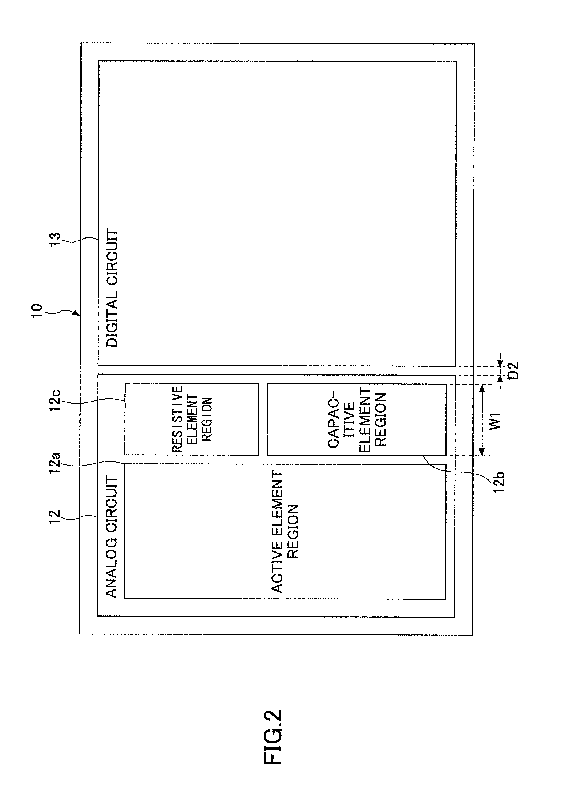 Semiconductor integrated circuit device having analog circuit separated from digital circuit using resistive and capacitive element regions