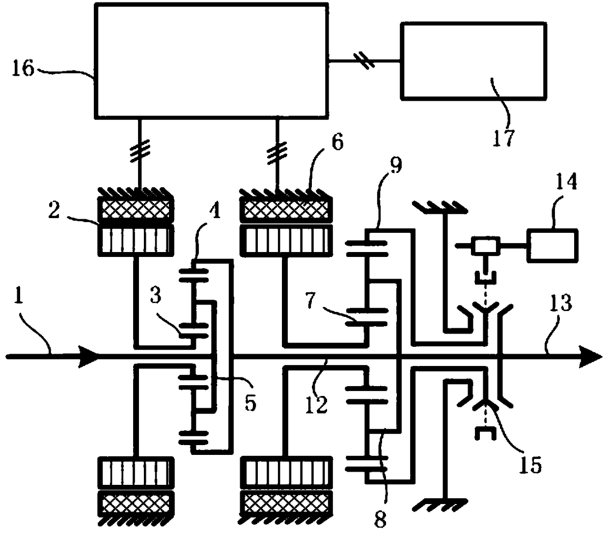 A single-mode two-gear power splitting hybrid transmission device of a commercial vehicle