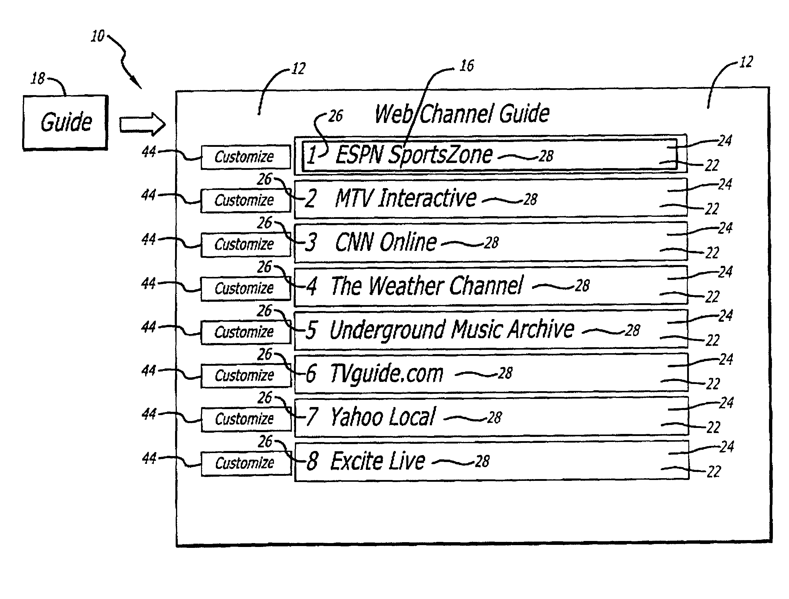 Web channel guide graphical interface system and method